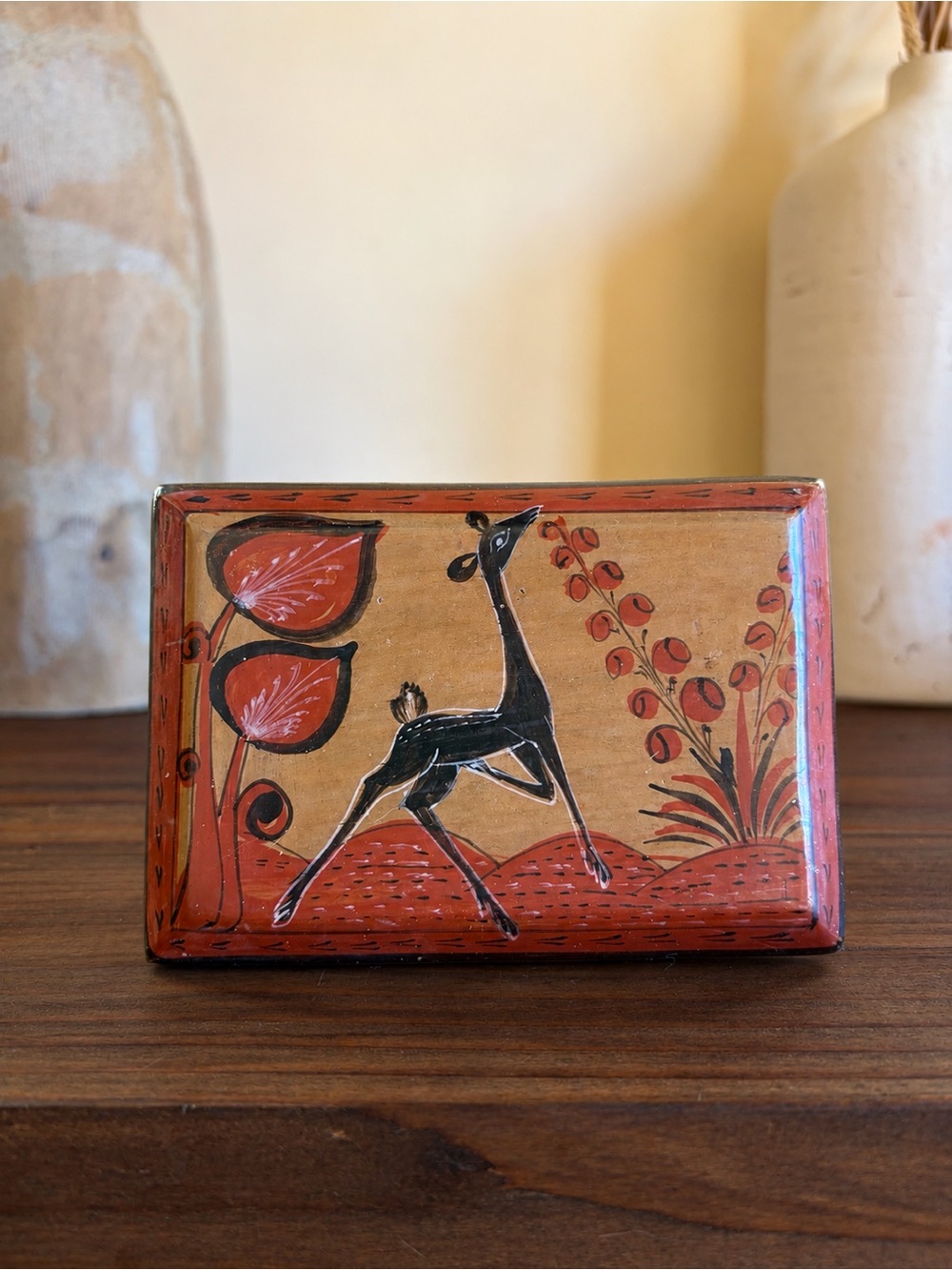 70βs vtg Hand Painted Ceramic Trinket Box Rectangle Deer Floral Tan Red Black